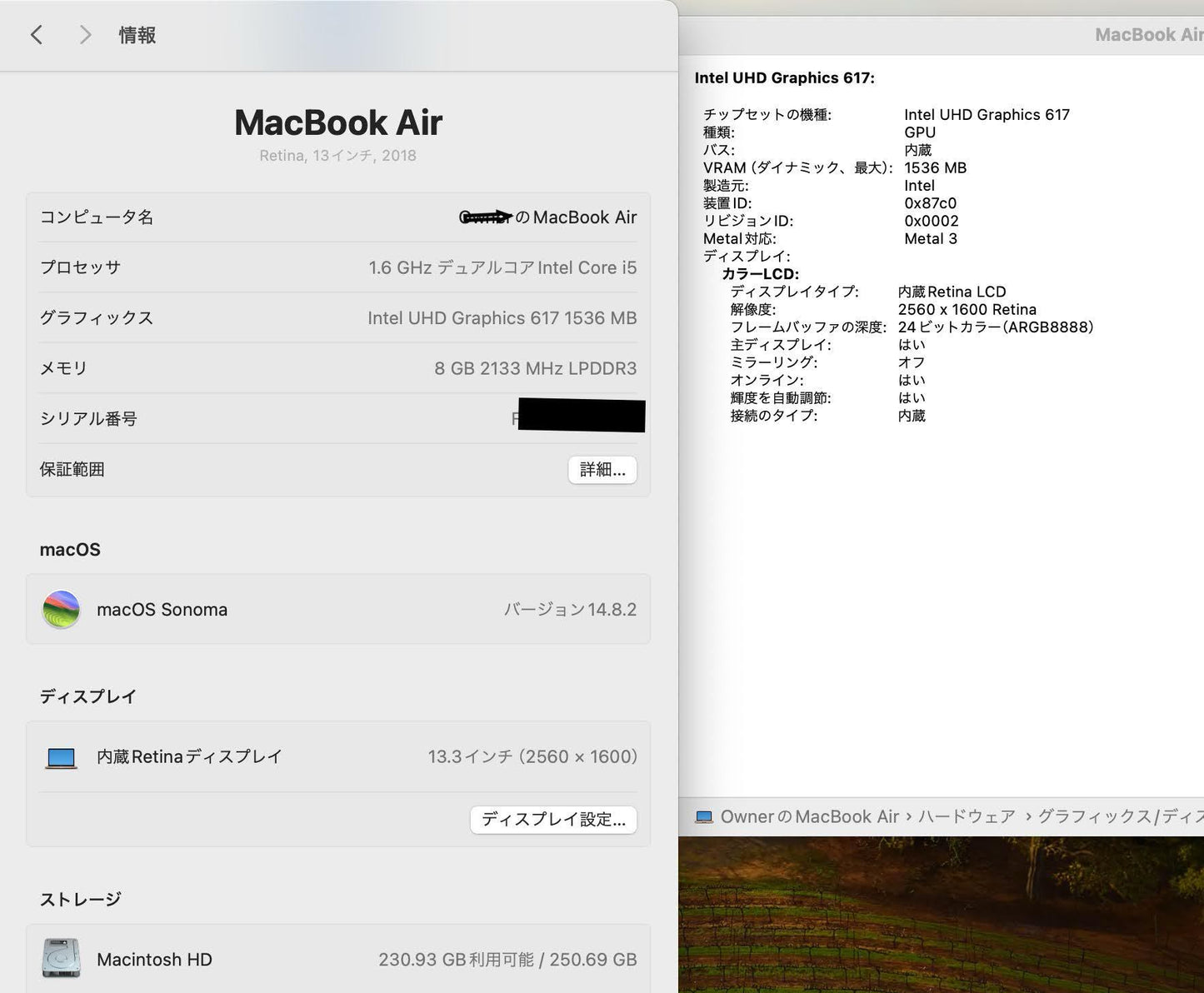 Apple MacBook Air Retina 13インチ (Late 2018) Core i5 1.6GHz/8GB/SSD 256GB ゴールド MREF2J/A【C5345-80】