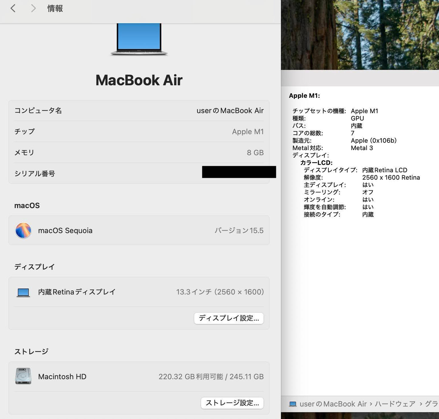 バッテリー最大容量100% Apple MacBook Air M1 2020 8C CPU/7C GPU 8GB 256GB MGN93J/A C3888 80サイズ発送