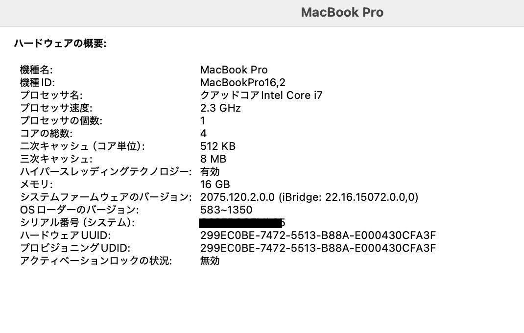 Apple MacBook Pro 13インチ 2020 2.3GHz クアッドコア i7 16GB 512GB Thunderbolt 3ポート x 4 【C4047-80】