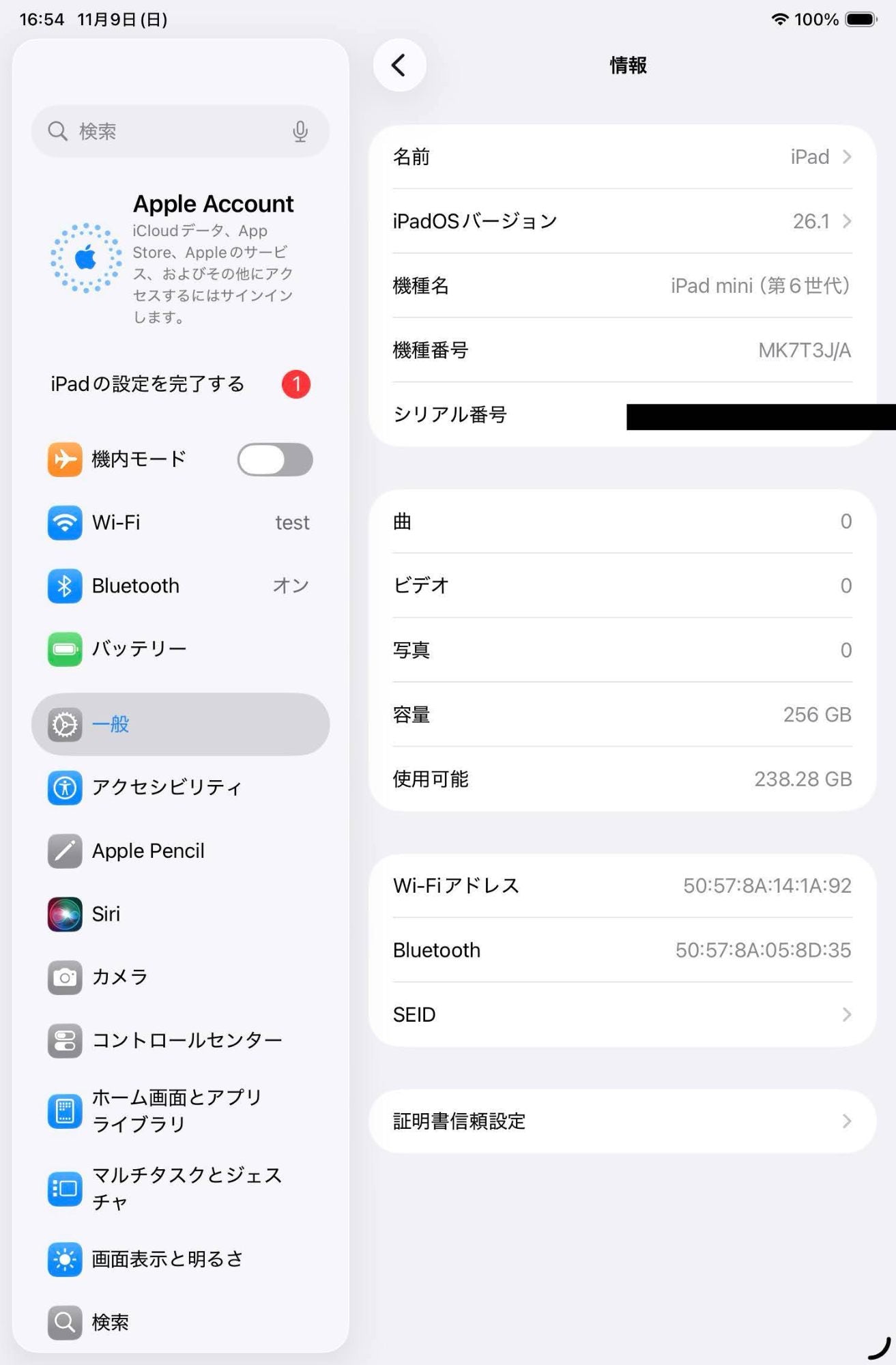 美品 Apple iPad mini 第6世代 256GB スペースグレイ Wi-Fiモデル MK7T3J/A A2567 バッテリー最大容量82% 【C5342-C】