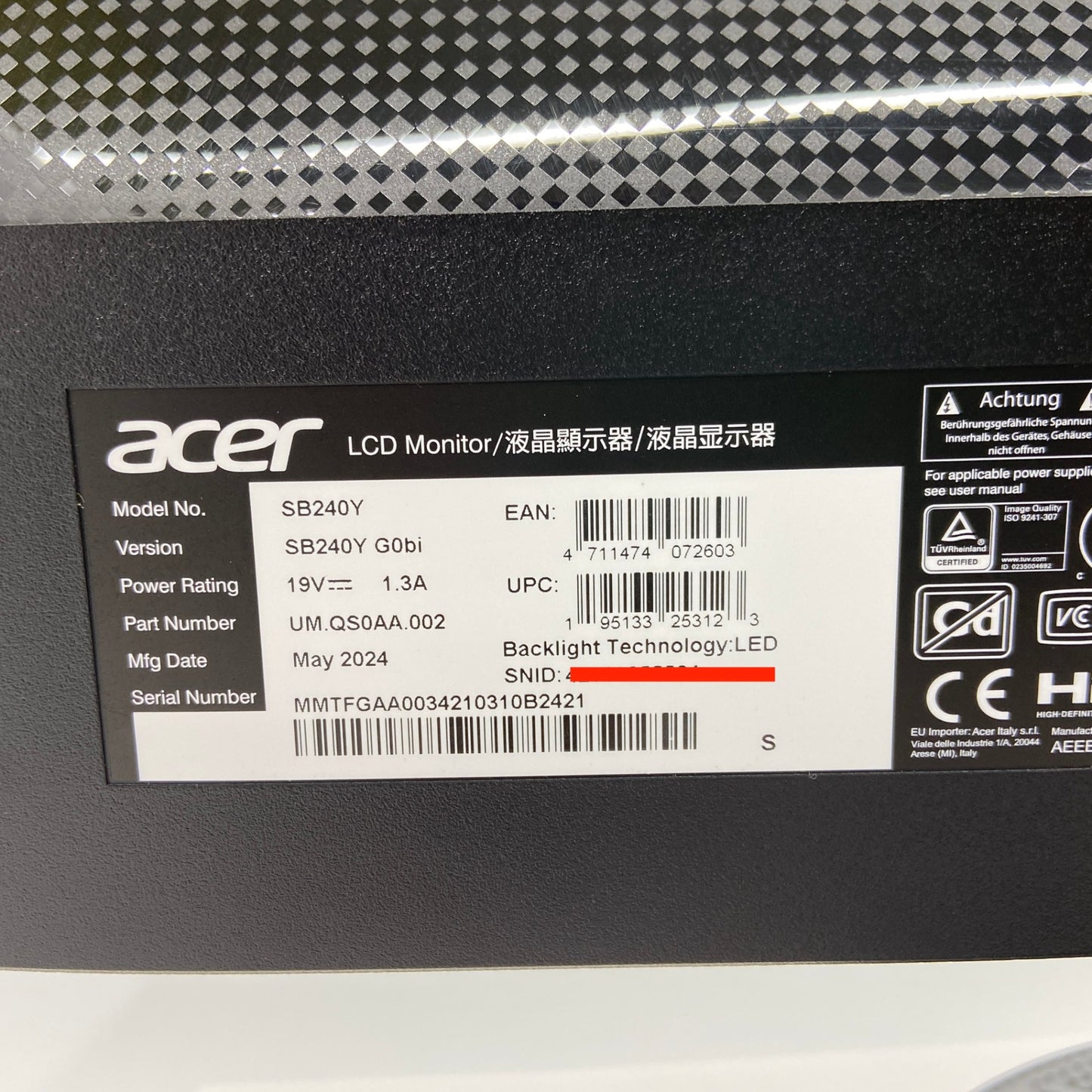 acer SB240Y 23.8インチ 2024年製 液晶モニター 【C5131-120】