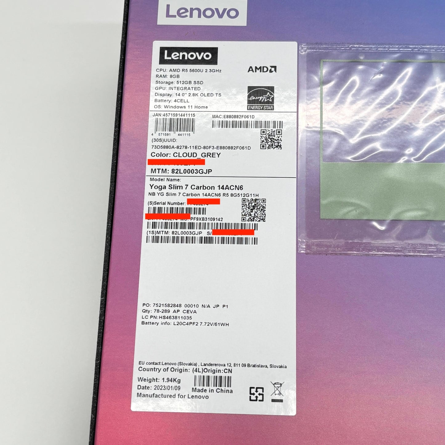 Lenovo レノボ ノートPC Yoga Slim 7 Carbon 14ACN6 82L0003GJP クラウドグレー Ryzen 5 5600U 8GB SSD512GB バッテリー最大容量93%【C6115-80】