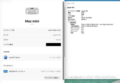 美品 Apple Mac mini M4 16GB 256GB MU9D3J/A 【C4802-60】