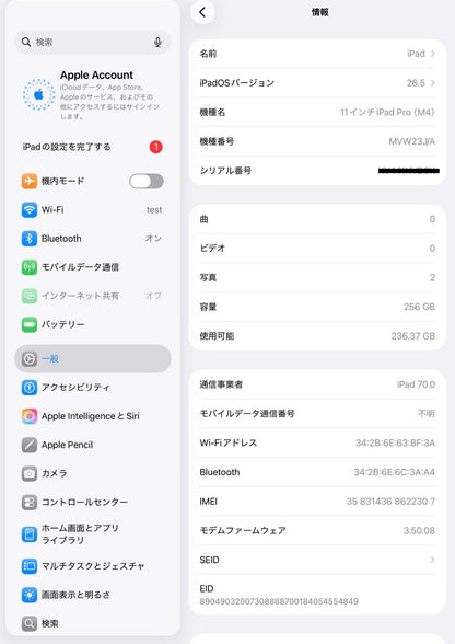 美品 SIMフリー iPad Pro 11インチ M4 Wi-Fi+Cellular 256GB MVW23J/A シルバー バッテリー最大容量100%  付属品完備 純正カバー付属【C7746-80】