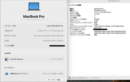 MacBook Pro 13インチ 2020 Thunderbolt 3ポートx2 シルバー MXK62J/A Core i5 8GB 256GB【C8226-80】