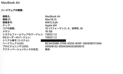 新品同様 美品 Apple Macbook Air 15インチ 2025 M4 メモリ16GB SSD256GB ミッドナイト MW1L3J/A バッテリー最大容量100%【C4841-80】