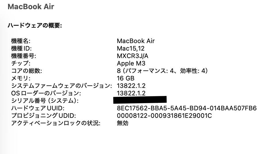 新品同様 美品 Apple MacBook Air M3 13インチ 2024 MXCR3J/A 16GB SSD 512GB スペースグレイ バッテリー最大容量100%【C4911-80】