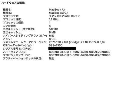 Apple MacBook Air 13インチ 2020 i5 8GB SSD 256GB ゴールド【C4253-80】