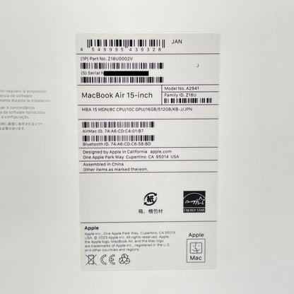 MacBook Air 15インチ M2 16GB 512GB ミッドナイト  バッテリー最大容量98%【C7278-100】