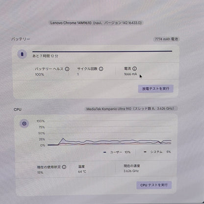 新品同様 美品 Lenovo Chromebook Plus Gen 10 83MY000CJP (14M9610 )  Kompanio Ultra 910 16GB UFS 256GB サイクルカウント1回【C5935-80】