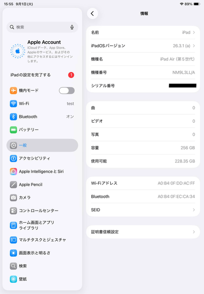 美品 iPad Air 第5世代 Wi-Fi 256GB 海外版 NM9L3LL/A スペースグレイ 本体のみ バッテリー最大容量95% 【C8889-60】