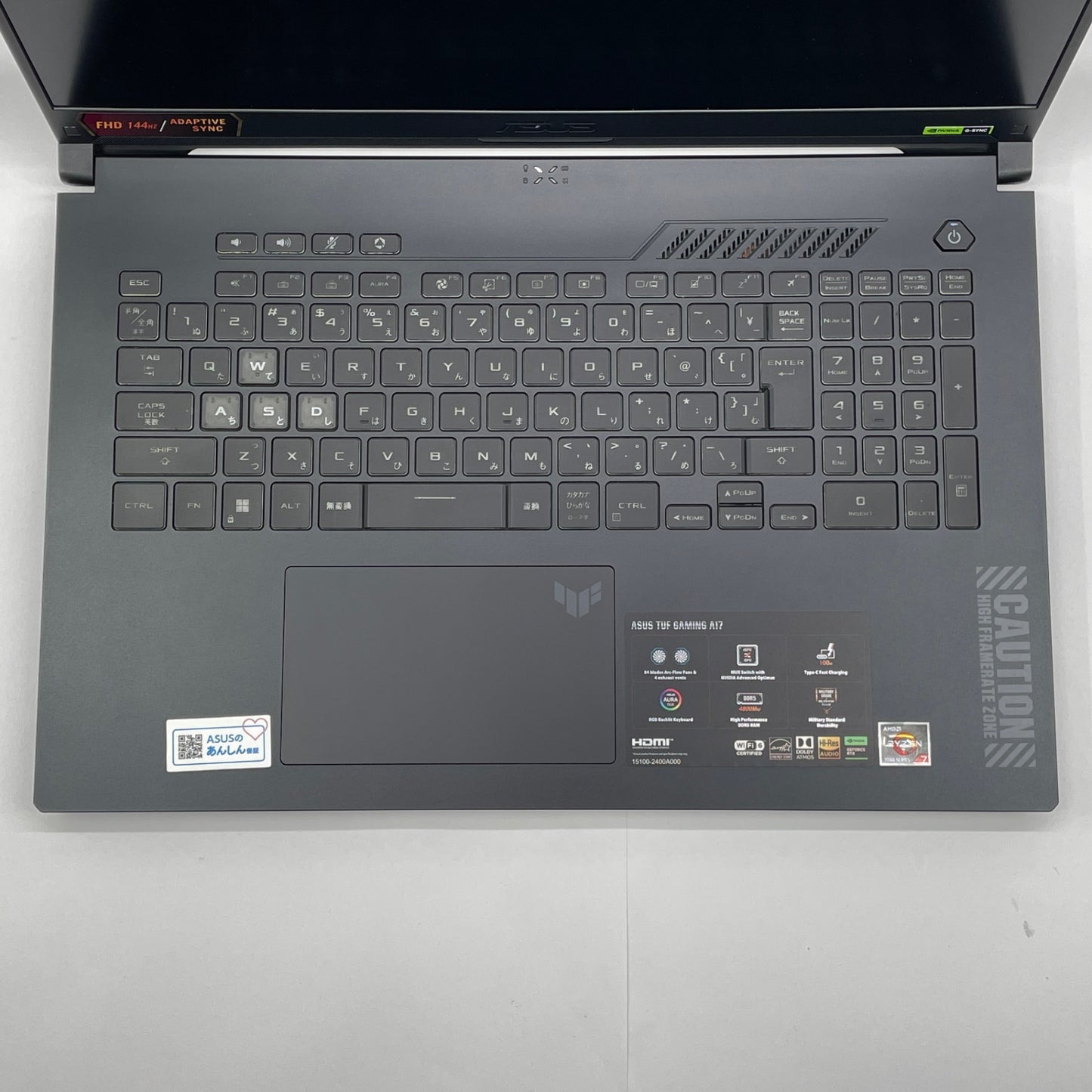 美品 ASUS TUF Gaming A17 FA707NV-R7R4060 17インチ AMD Ryzen 7 7735HS 16GB RTX 4060 Windows11Home バッテリー最大容量92%【C7829-120】