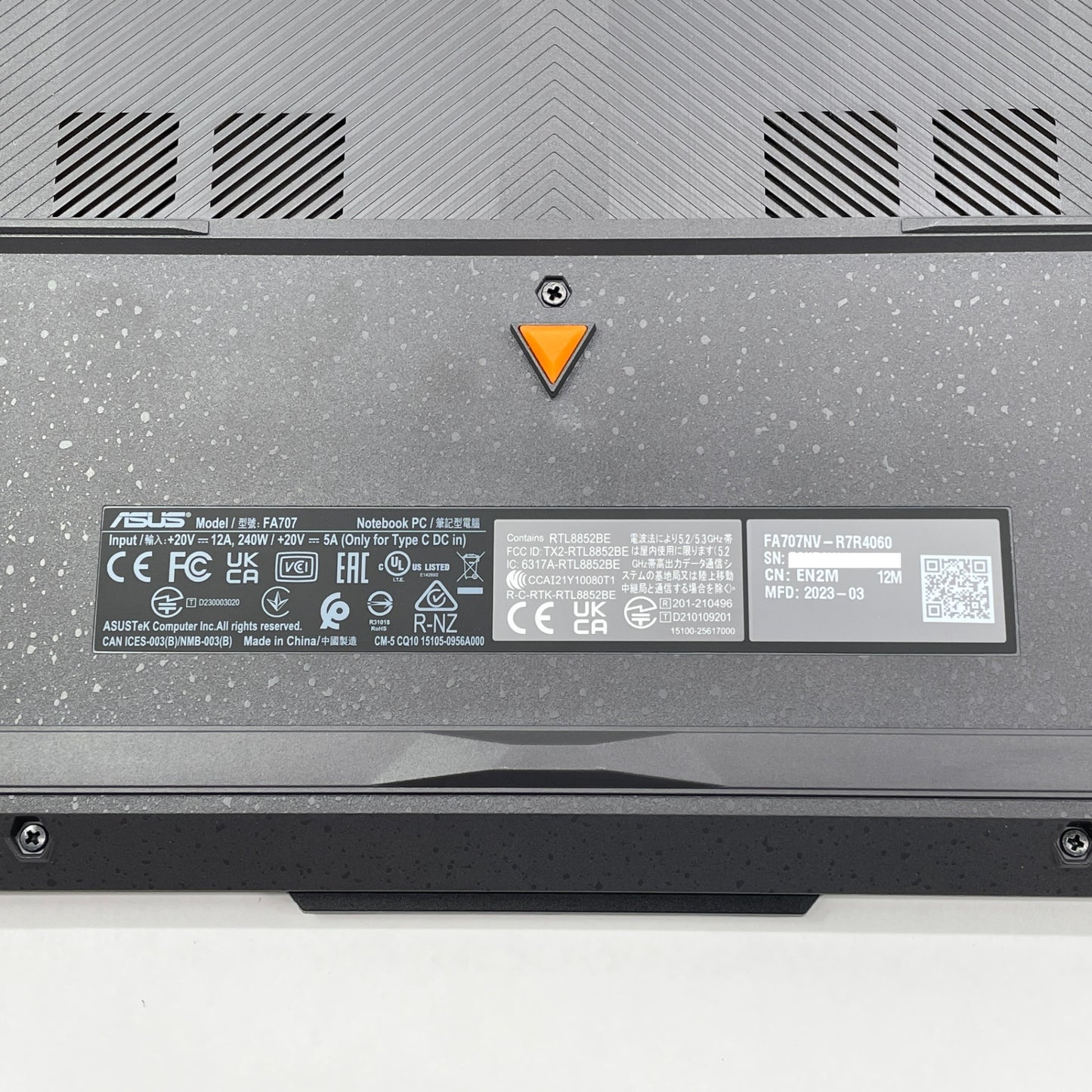美品 ASUS TUF Gaming A17 FA707NV-R7R4060 17インチ AMD Ryzen 7 7735HS 16GB RTX 4060 Windows11Home バッテリー最大容量92%【C7829-120】