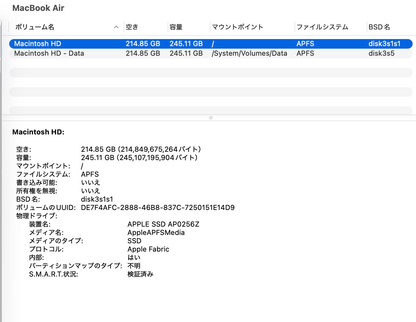 美品 MacBook Air 13インチ (Early 2025) Apple M4 10コア/16GB/SSD 256GB シルバー MW0W3J/A 【C6233−80】