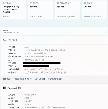 HP ProDesk 600 G5 SFF Core i5-9500 16GB SSD 256GB HDD500GB Windows11Pro【C7906-100】