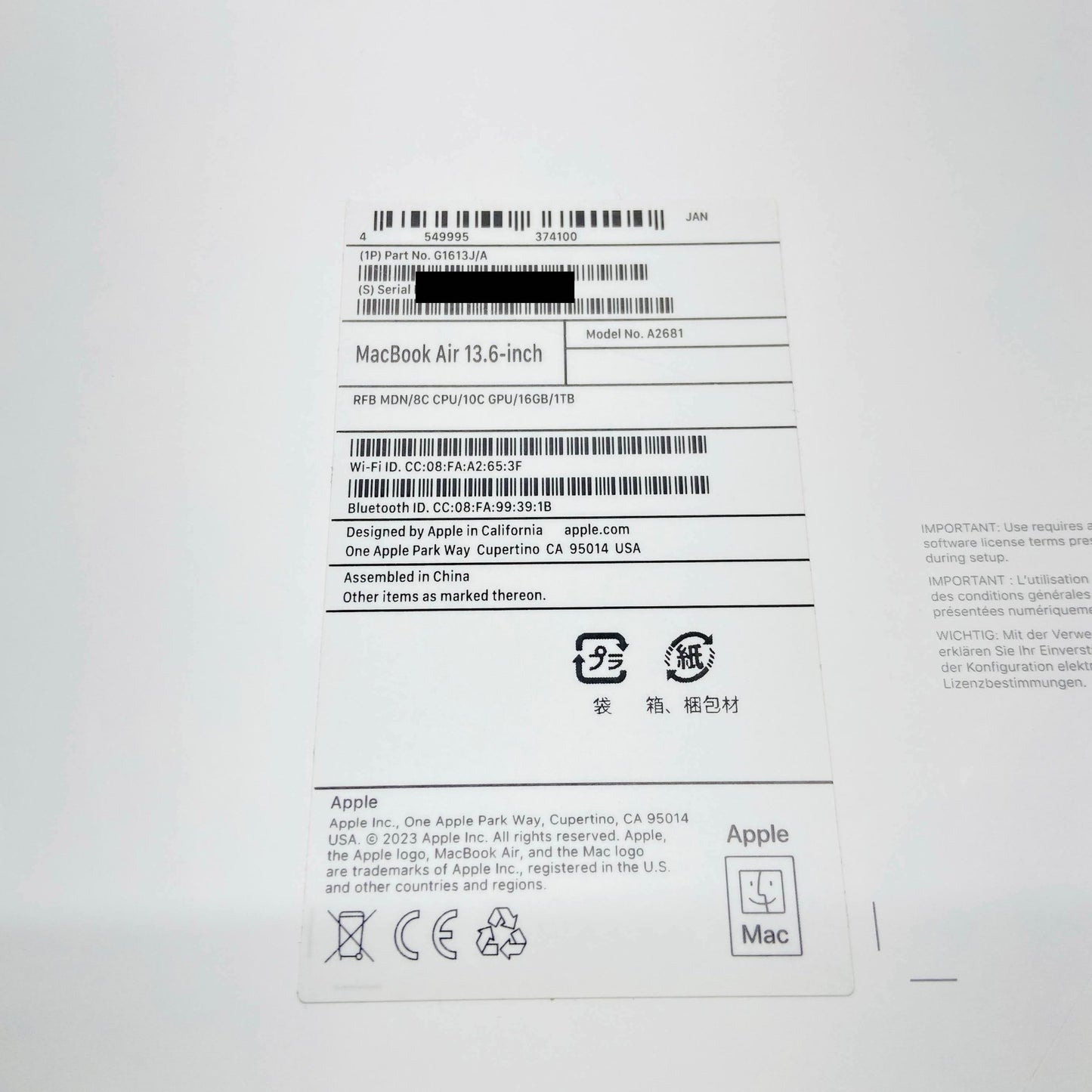 Apple MacBookAir 2022 13インチ M2 8コアCPU 10コアGPU  16GB 1TB  バッテリー最大容量98%【C5010-80】