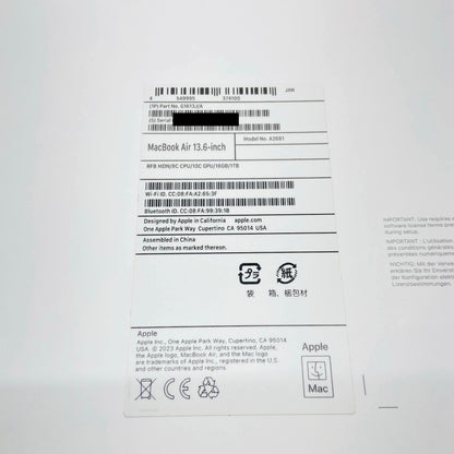 Apple MacBookAir 2022 13インチ M2 8コアCPU 10コアGPU  16GB 1TB  バッテリー最大容量98%【C5010-80】