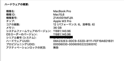 Apple MacBook Pro 2023 14インチ M3Pro 12コア 36GB 1TB USキーボード【C4338-80】