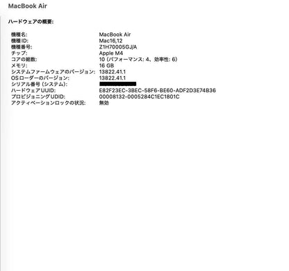 新品同様 美品 MacBook Air 13インチ M4 2025 10コアCPU 8コアGPU 16GB 256GB USキー 充放電回数10回 バッテリー最大容量100%【C5499-80】