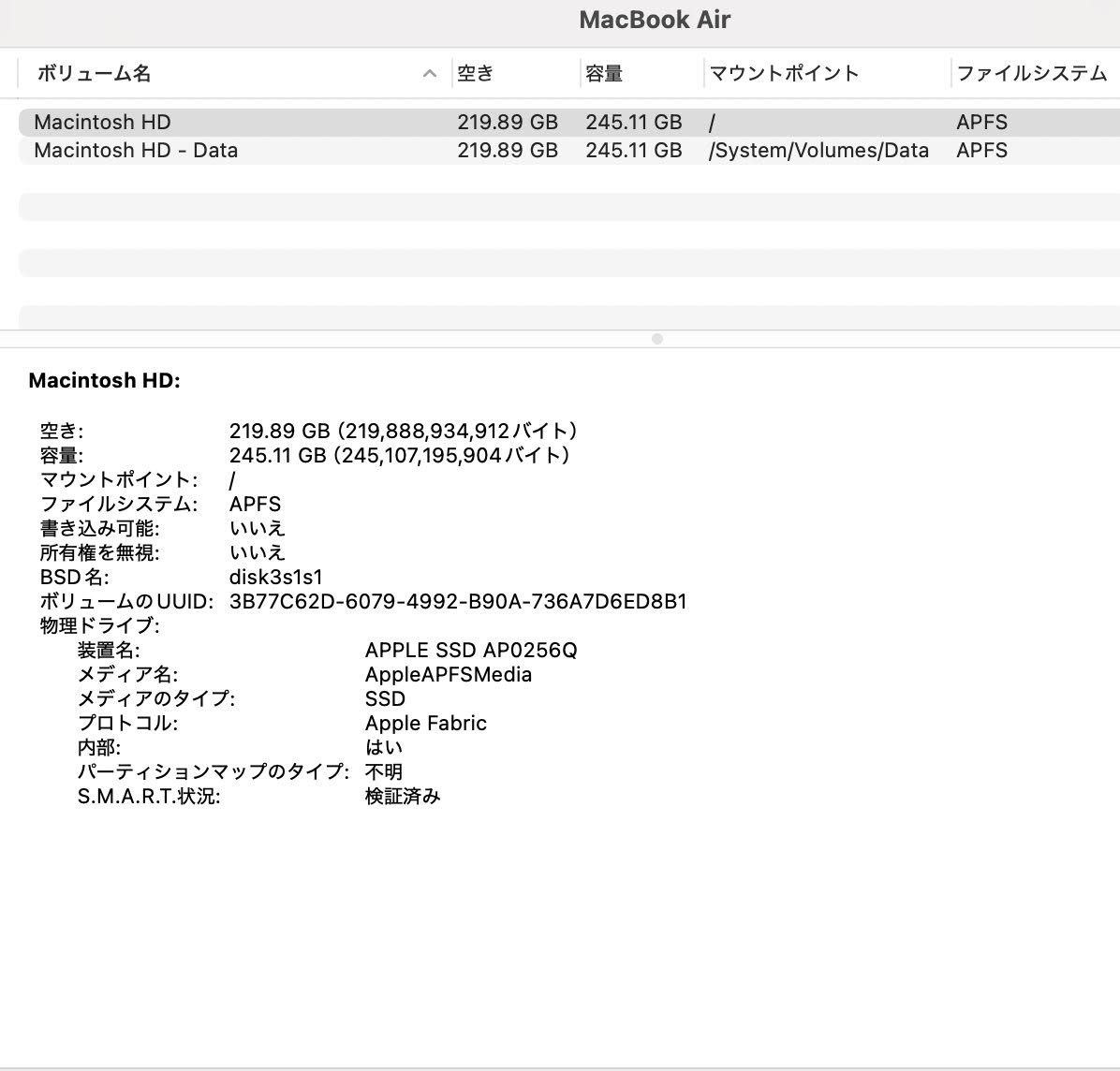 バッテリー最大容量100％ Apple MacBook Air M1 2020 8C CPU/7C GPU 8GB 256GB MGN93J/A C3888 80サイズ発送