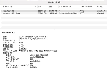バッテリー最大容量98% Apple MacBook Air 2022 13インチ  M2 8GB 256GB MLXW3J/A【C4103-80】