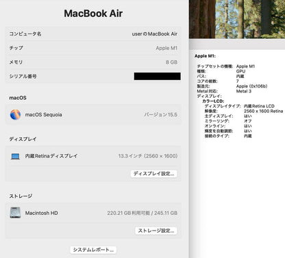 美品　Apple MacBook Air 2020 MGN93J/A Apple M1 8GB SSD256GB C3865 80サイズ発送