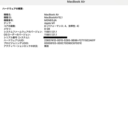 Apple MacBook Air Retina 13インチ (Late 2020) Apple M1 8コア/16GB/SSD 256GB シルバー MGN93J/A 【C4121-80】