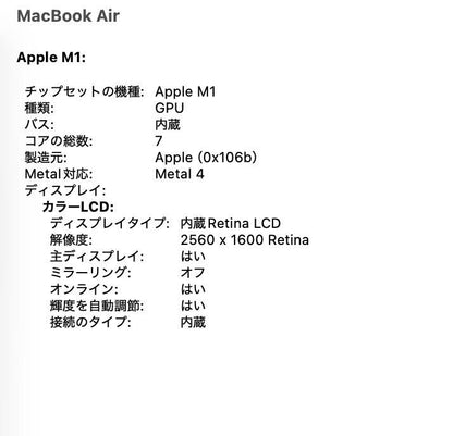 Apple MacBook Air 2020 13インチ M1 16GB 512GB バッテリー最大容量96%【C8131-80】