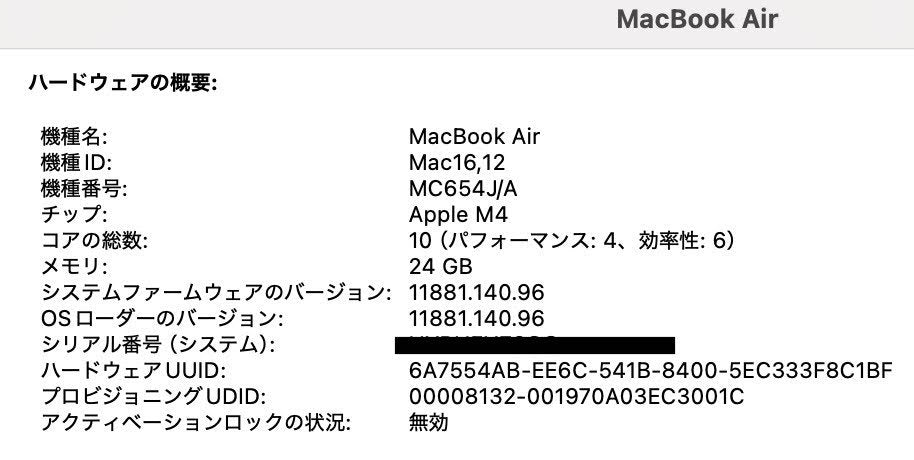 新品同様 美品 Apple MacBook Air 2025 13インチ M4 24GB SSD512GB MC654J/A シルバー 【C4658-80】