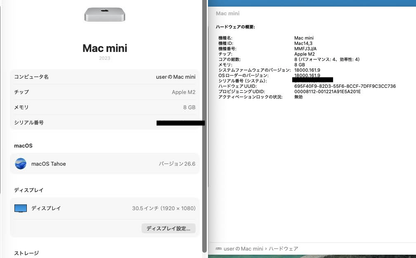 美品 Apple Mac mini (Early 2023) Apple M2 8コア/8GB/SSD 256GB MMFJ3J/A 付属品完備【C8556-80】