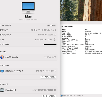 Apple iMac Retina 4K 21.5インチ 2019 3.6GHz クアッドコア i3 Radeon Pro 555X 8GB SSD 256GB【C7267-140】