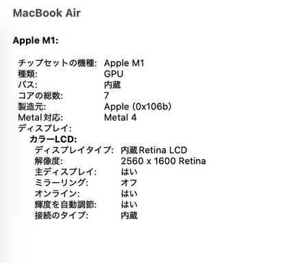 MacBook Air Retina 13インチ (Late 2020) Apple M1 8コア/8GB/SSD 256GB スペースグレイ MGN63J/A  バッテリー最大容量93% 【C8228-80】