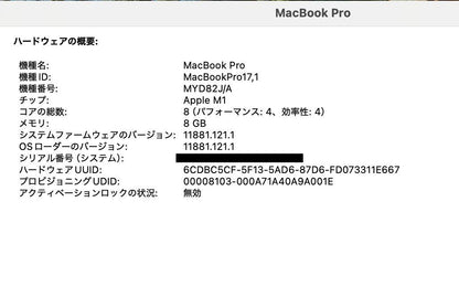 バッテリー最大容量89% Apple MacBook Pro 13インチ M1 8C 2020 8GB 256GB MYD82J/A C3878 80サイズ発送
