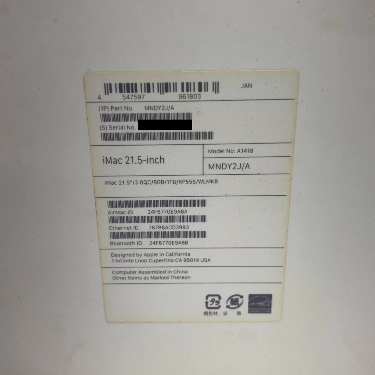 美品 iMac Retina 4K 21.5インチ (Mid 2017) Core i5 3.0GHz/8GB/1TB MNDY2J/A 【C5582-140】