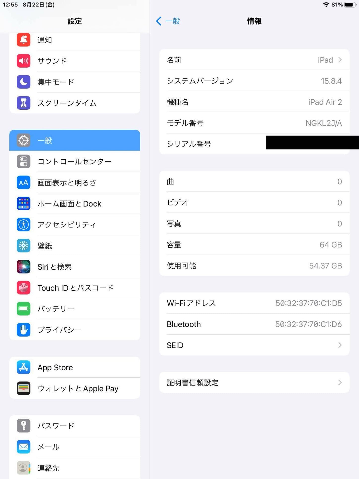 Apple iPad Air 2 64GB Wi-Fiモデル A1566 NGKL2J/A バッテリー最大容量100%【C4534-60】