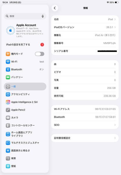 美品 iPad Air 第5世代 Wi-Fi 256GB MM9P3J/A スターライト バッテリー最大容量82%【C7024-60】