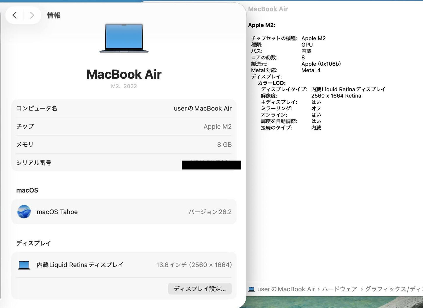 Apple MacBook Air 2022 13インチ M2 8GB 256GB MLY33J/A ミッドナイト バッテリー最大容量96%【C6194-80】