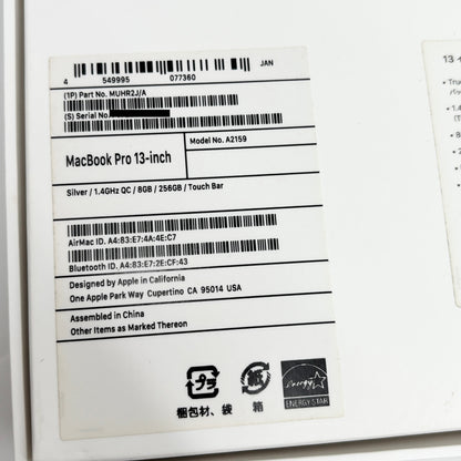 Apple MacBook Pro 13インチ 2019 i5 1.4GHz 8GB SSD 256GB シルバー MUHR2J/A 【C8002-80】