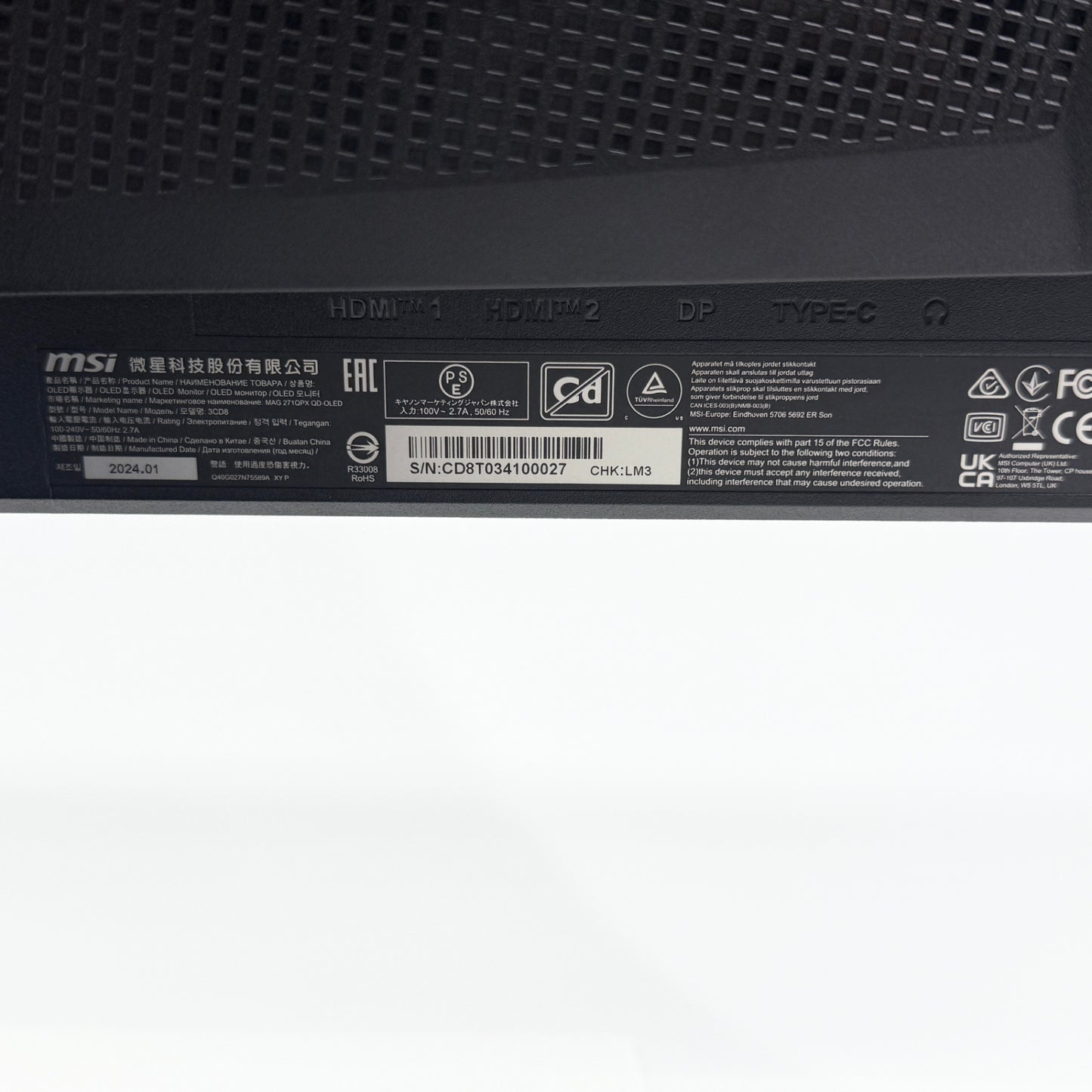 MSI MAG 271QPX QD-OLED 26.5インチ 360Hz WQHD QD-OLED 有機EL ゲーミングモニター 2024年製 【C5186-180】
