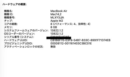 美品 Apple MacBook Air 13インチ 2022 M2 8GB 256GB シルバー MLXY3J/A バッテリー最大容量100%【C5221-80】