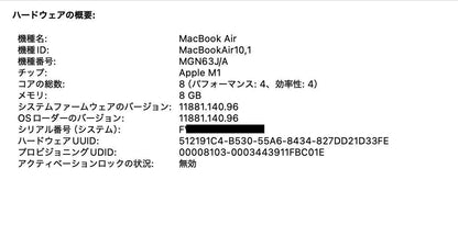 Apple MacBook Air 2020 M1 8GB 256GB MGN63J/A【C4589-80】