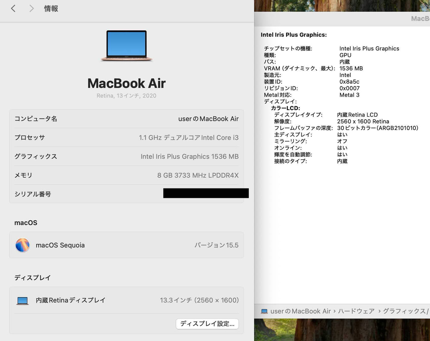 Apple MacBook Air Retina 2020 FWTL2J/A Core i3 8GB SSD 256GB【C4152-80】