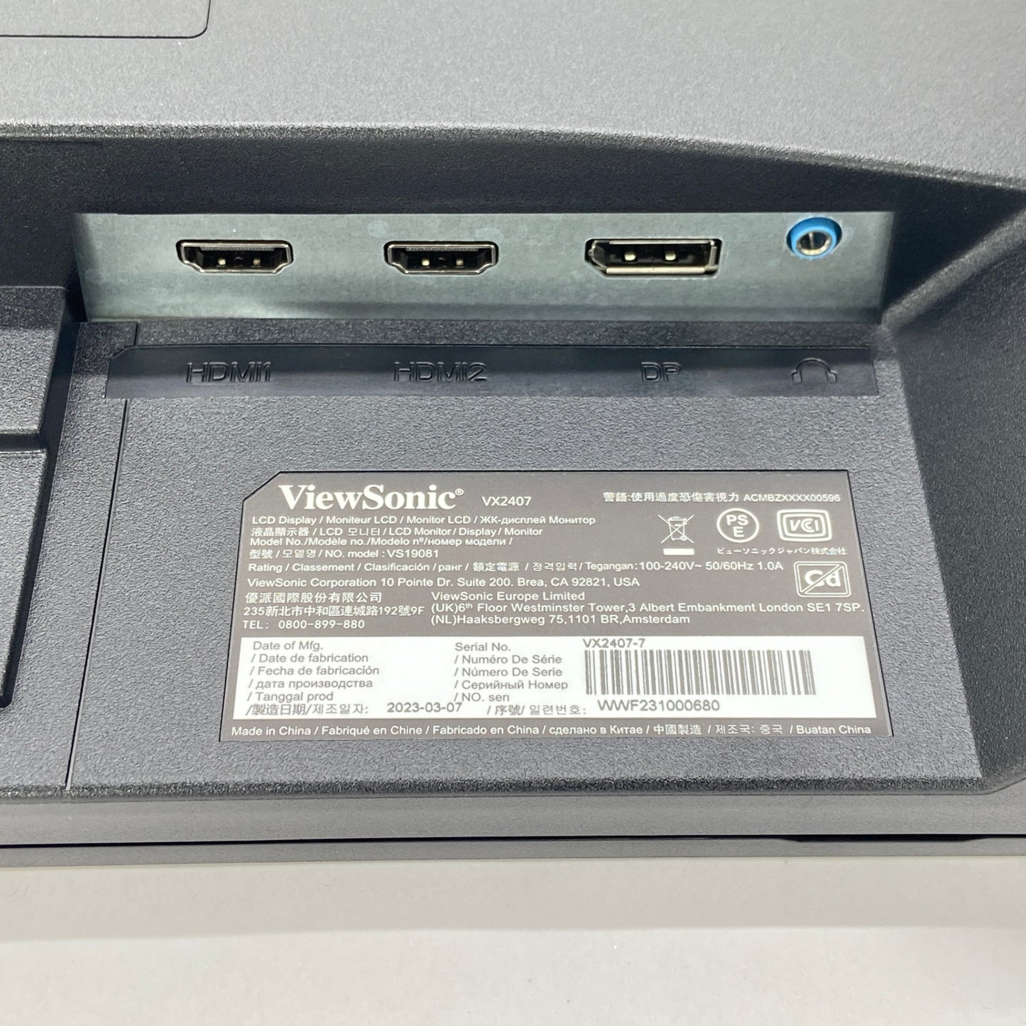 美品 ViewSonic VX2407 23.8インチ PCモニター 液晶ディスプレイ ビューソニック 電源ケーブル付属 【C5133-140】