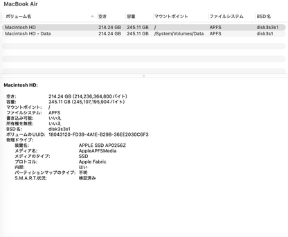 新品同様 美品 Apple MacBook Air 13インチ Early 2025 M4 10コア/16GB/SSD 256GB シルバー MW0W3J/A 充放電回数6回 バッテリー最大容量100% 【C6222-80】