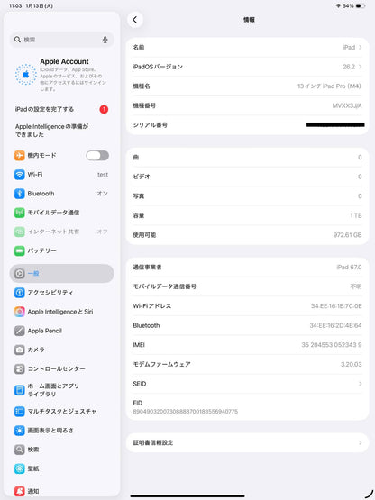 iPad Pro (M4)13インチ Wi-Fi+Cellular 1TB 2024年春モデル MVXX3J/A SIMフリー [シルバー] バッテリー最大容量98%【C6033-80】