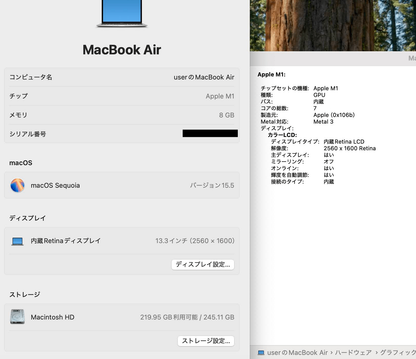 Apple MacBook Air Retina 13インチ (Late 2020) Apple M1 8コア/16GB/SSD 256GB シルバー MGN93J/A 【C4121-80】