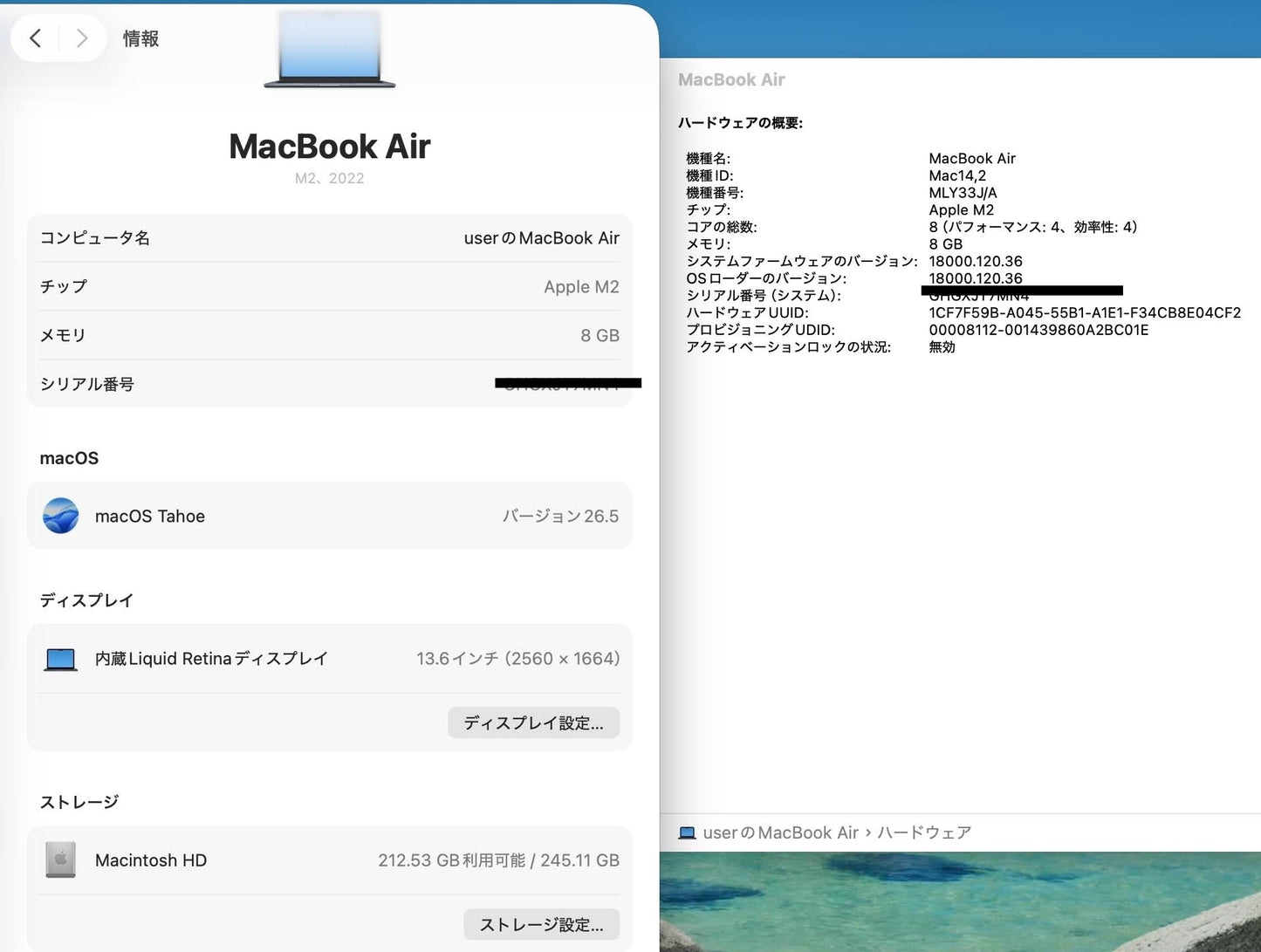 Apple MacBook Air Liquid Retina 13.6インチ (Mid 2022) M2 8コア 8GB SSD 256GB ミッドナイト MLY33J/A バッテリー最大容量88% 付属品完備 【C7745-80】