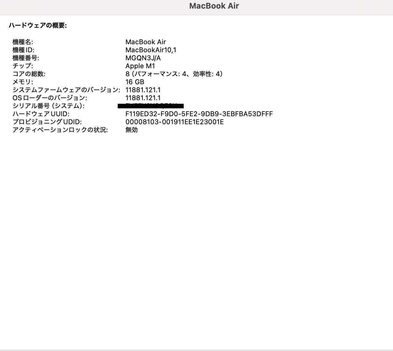 ジャンク Apple MacBook Air M1 2020 8C CPU/8C GPU 16GB 1TB   箱、充電器付属 【C4182-80】