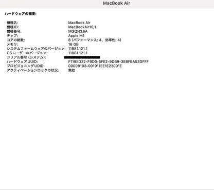 ジャンク Apple MacBook Air M1 2020 8C CPU/8C GPU 16GB 1TB   箱、充電器付属 【C4182-80】