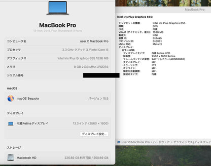 Apple MacBook Pro 2018 13インチ i5 8GB 256GB 【C4099-80】